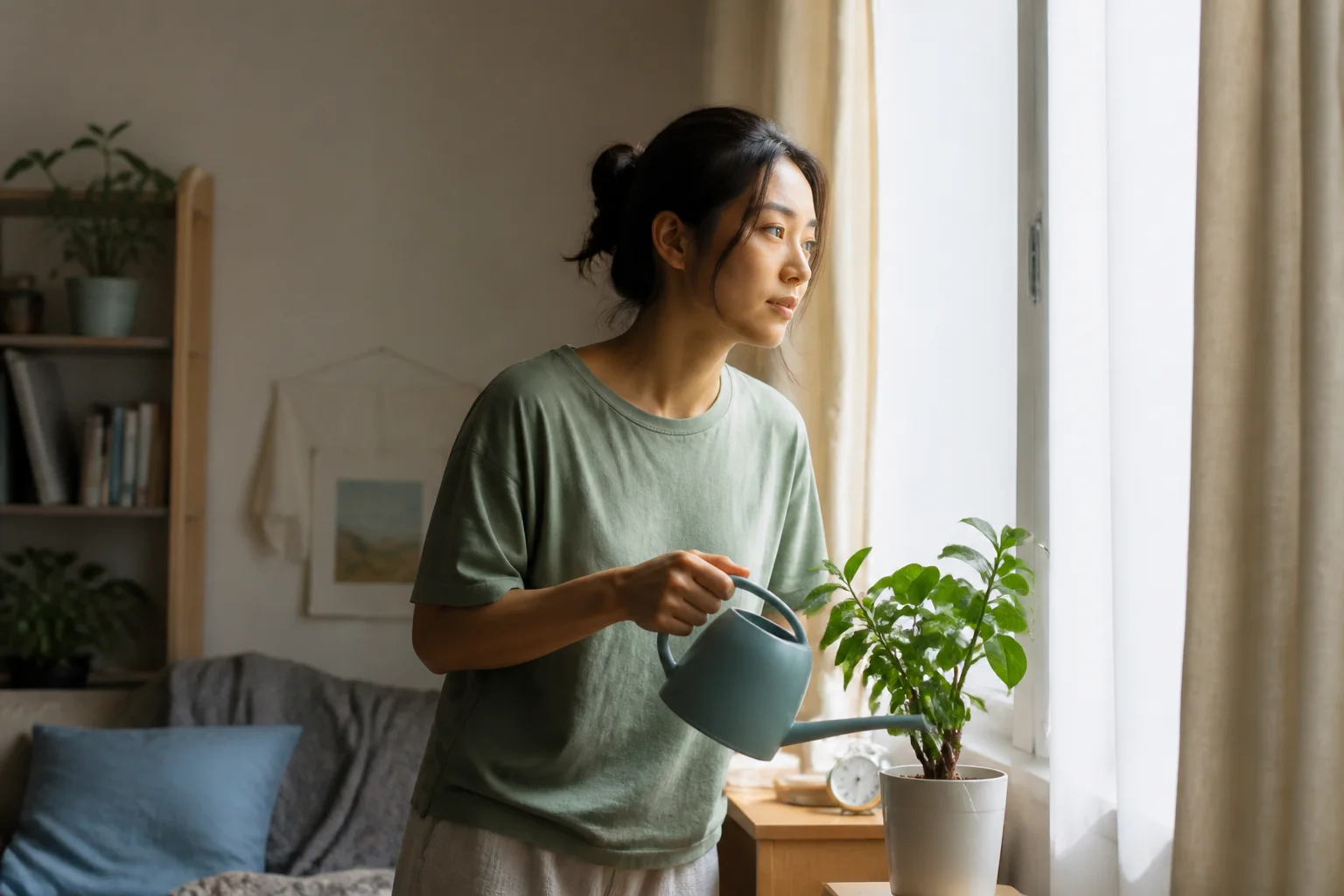 一位女性在晨光中给窗边植物浇水